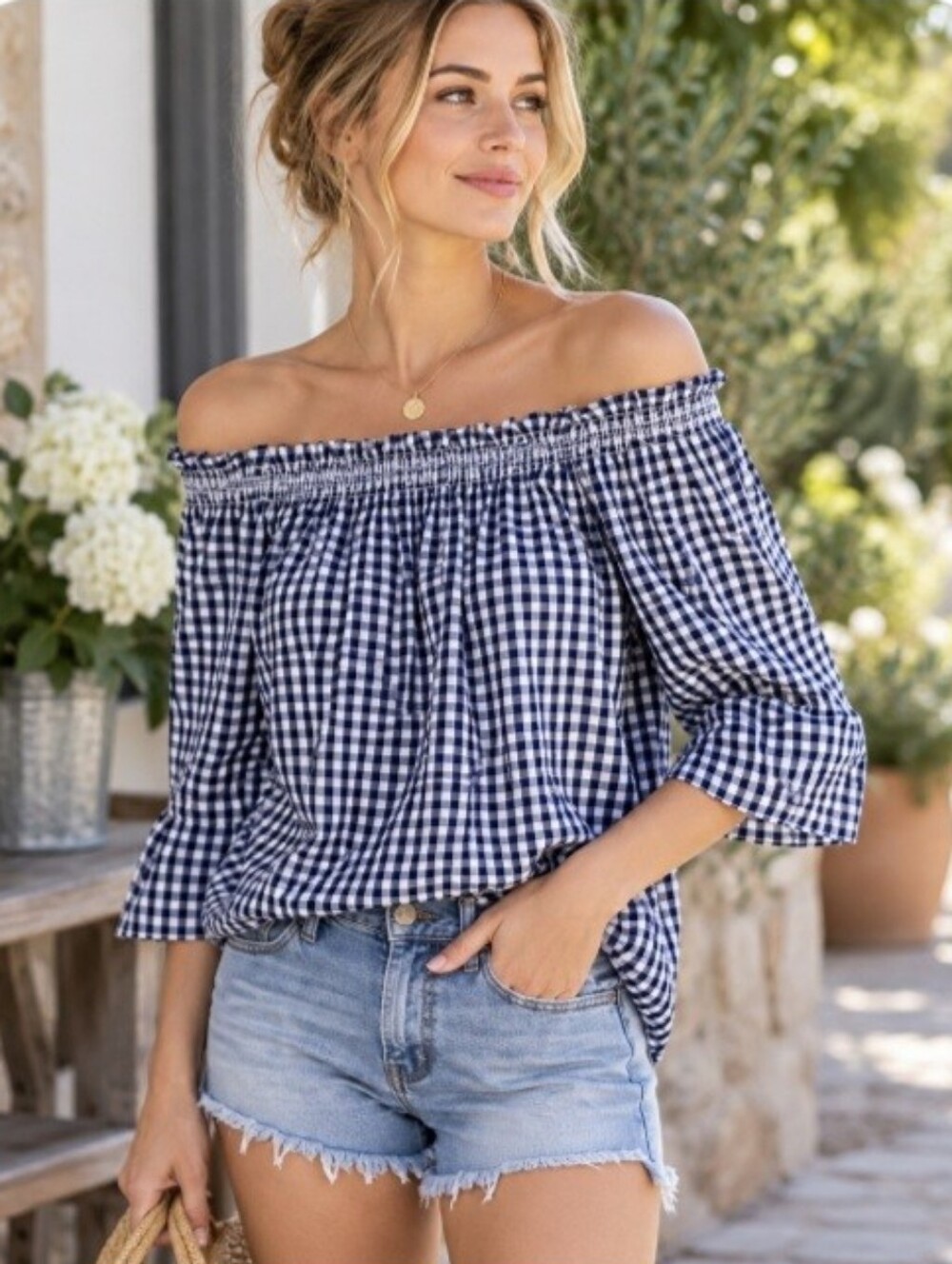 Madewell Navy Blue White Check Gingham Smocked 3/4 Sleeve Cotton Top NWOT XS
